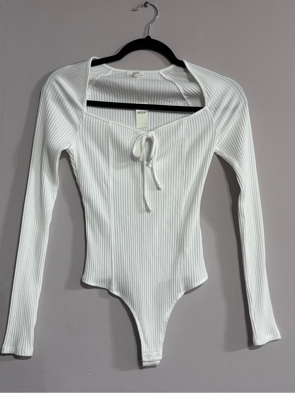 aerie White‎ Ribbed Long-Sleeve Tie-Front Bodysuit